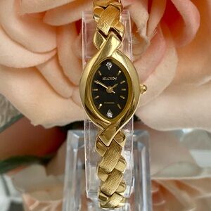 Vintage Elgin Diamond Accented Black Dial Dainty Dress Watch